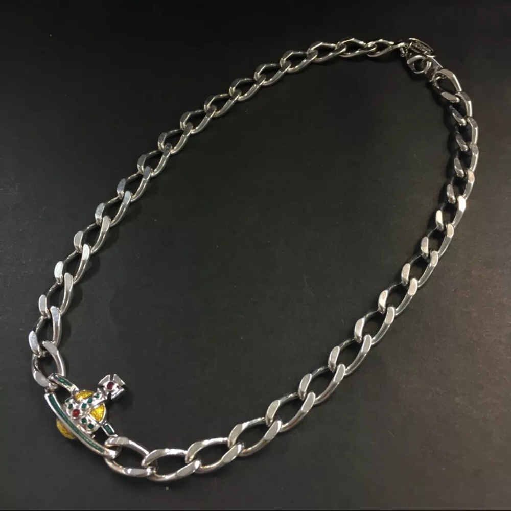 Vivienne Westwood Silver Chain Necklace with Multicolor Orb Pendant
